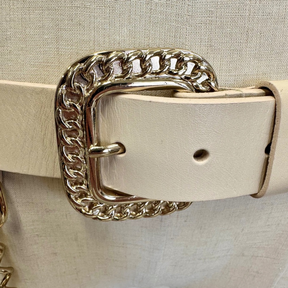 Beige Genuine Leather Chain Belt Gold Tone Buckle Women's Size S/M - Picture 5 of 13